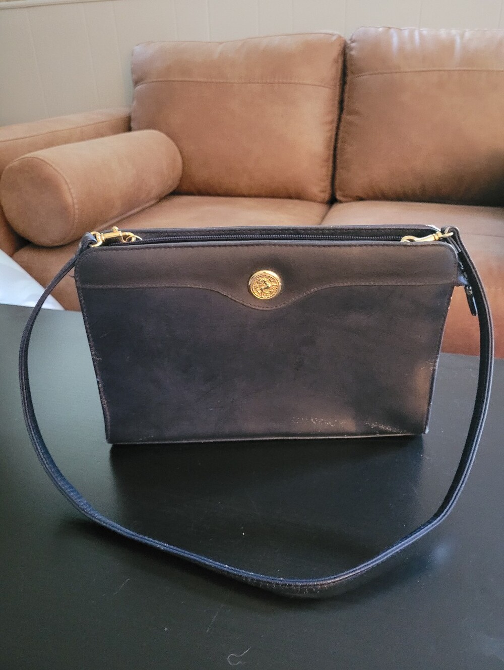 Vintage Buueno Navy Blue Faux Leather Shoulder Bag with Gold Medallion
